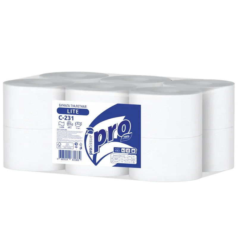 Туалетная бумага PROtissue 1 слойная белая 200 м в упаковке 12 рулонов (артикул производителя С231)