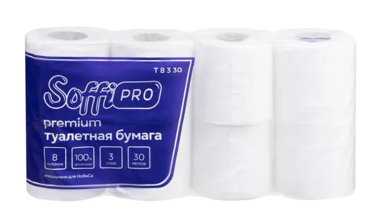 Бумага туалетная в рулоне SoffiPro Premium 3 сл без тиснения белая 30 м 8рул/уп (артикул производителя Т8330)